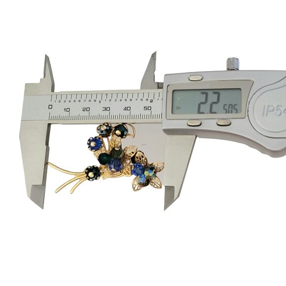 Gold Tone Blue Aurora Borealis Filigree Flower Bunch Brooch K550 - Picture 7 of 8